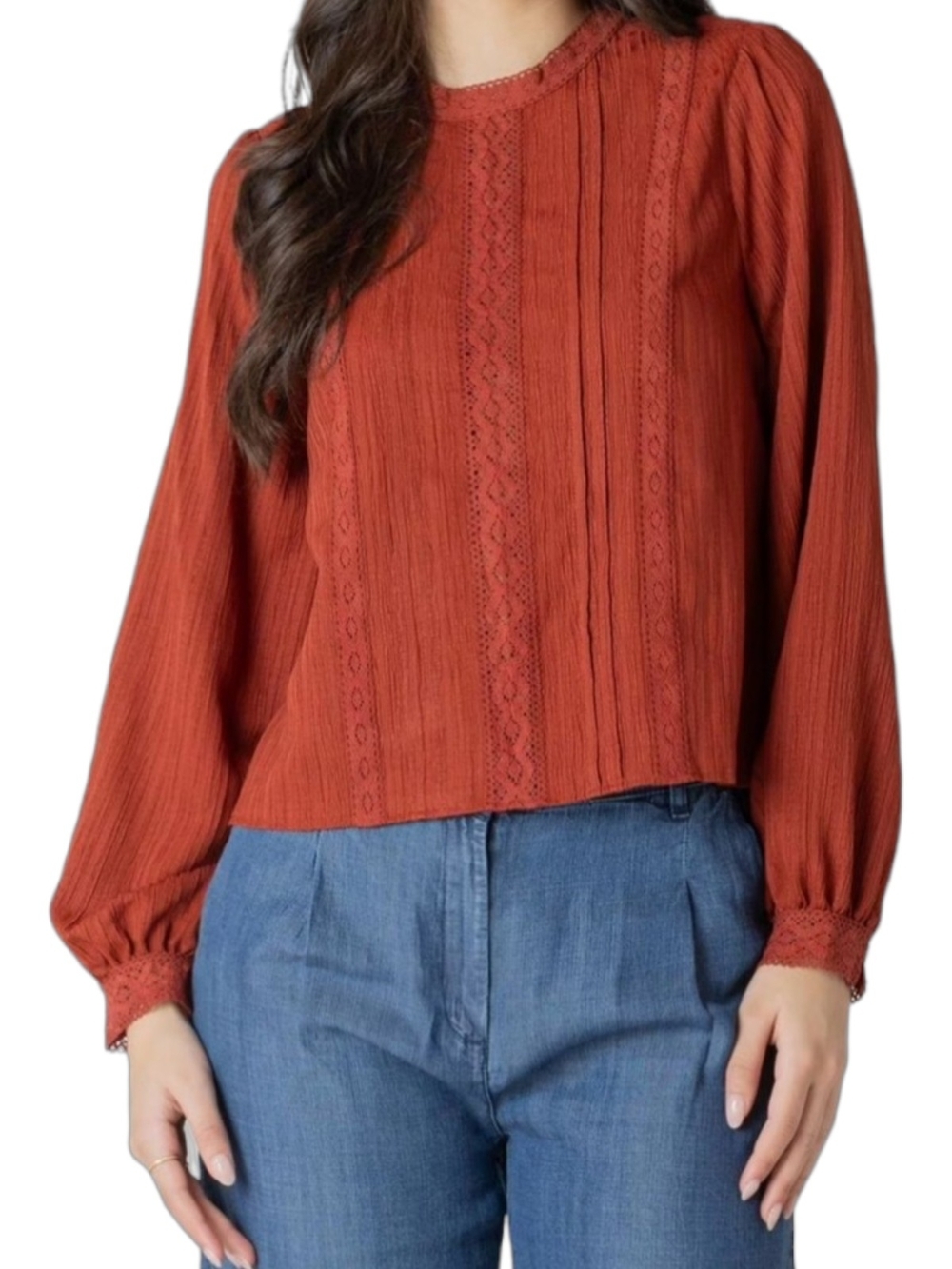 Devoted Womens Dark Rust Lace-Trim Long Sleeve Top NWT Size S